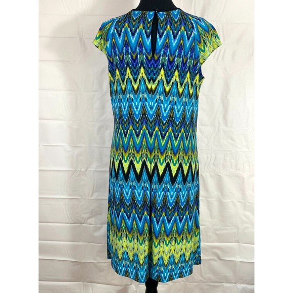 Ronni Nicole Blue/Green/Yellow Geometric Print Cap Sleeve Sheath Dress Size 6 - Picture 6 of 12